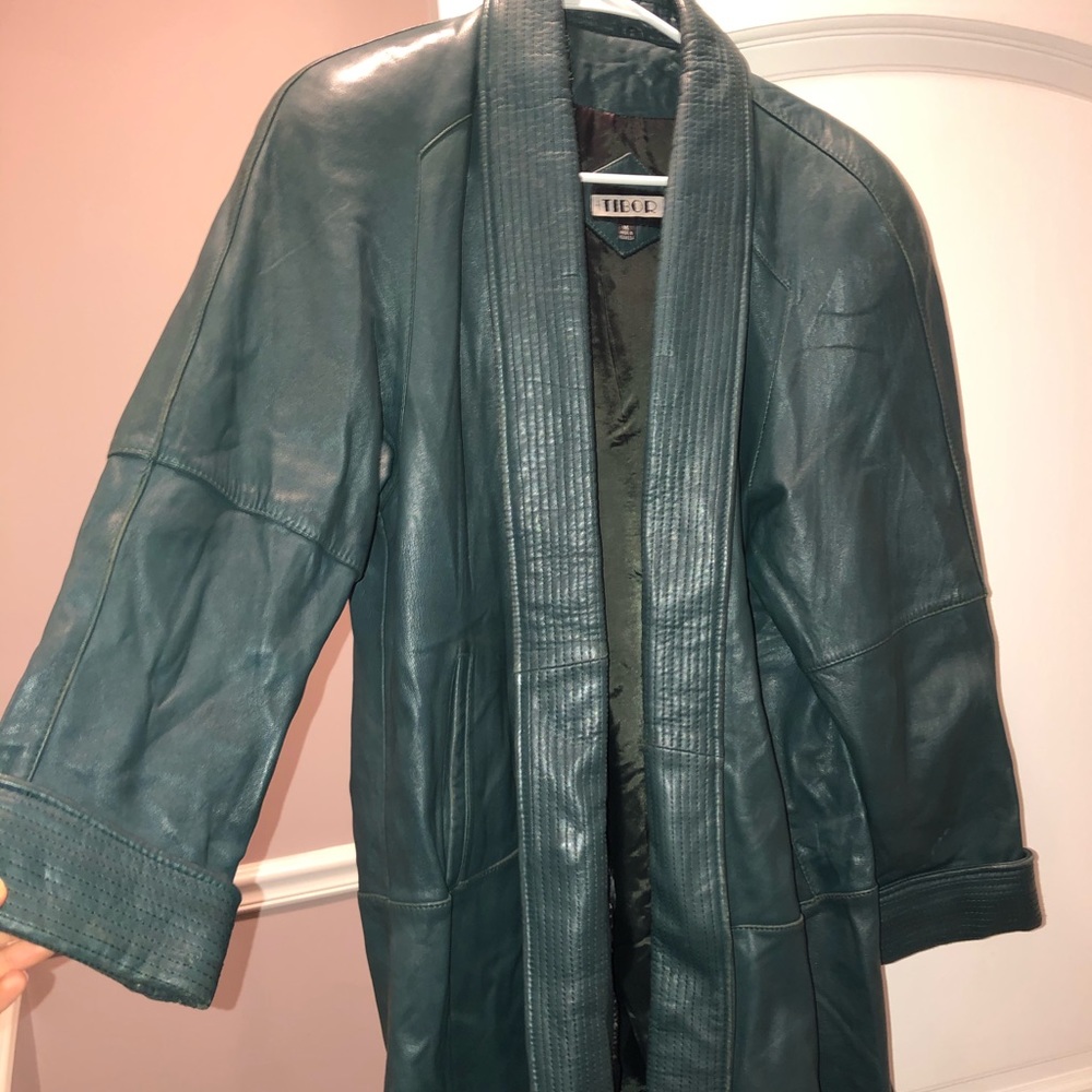 Genuine leather teal colored trench coat